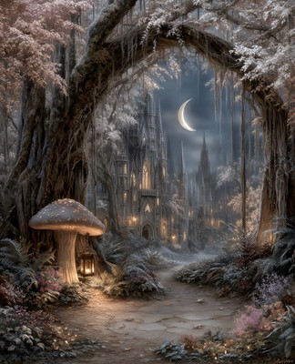 8x10 Cozy Storybook Fantasy Forest with Mushroom House Art Print - 891600889