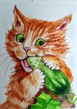 ACEO cat watercolor pencil by the author original 3,5