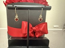 Vintage Gold Tone Red Heart Drop Dangle Earrings CZ Ruby Crystal Accent