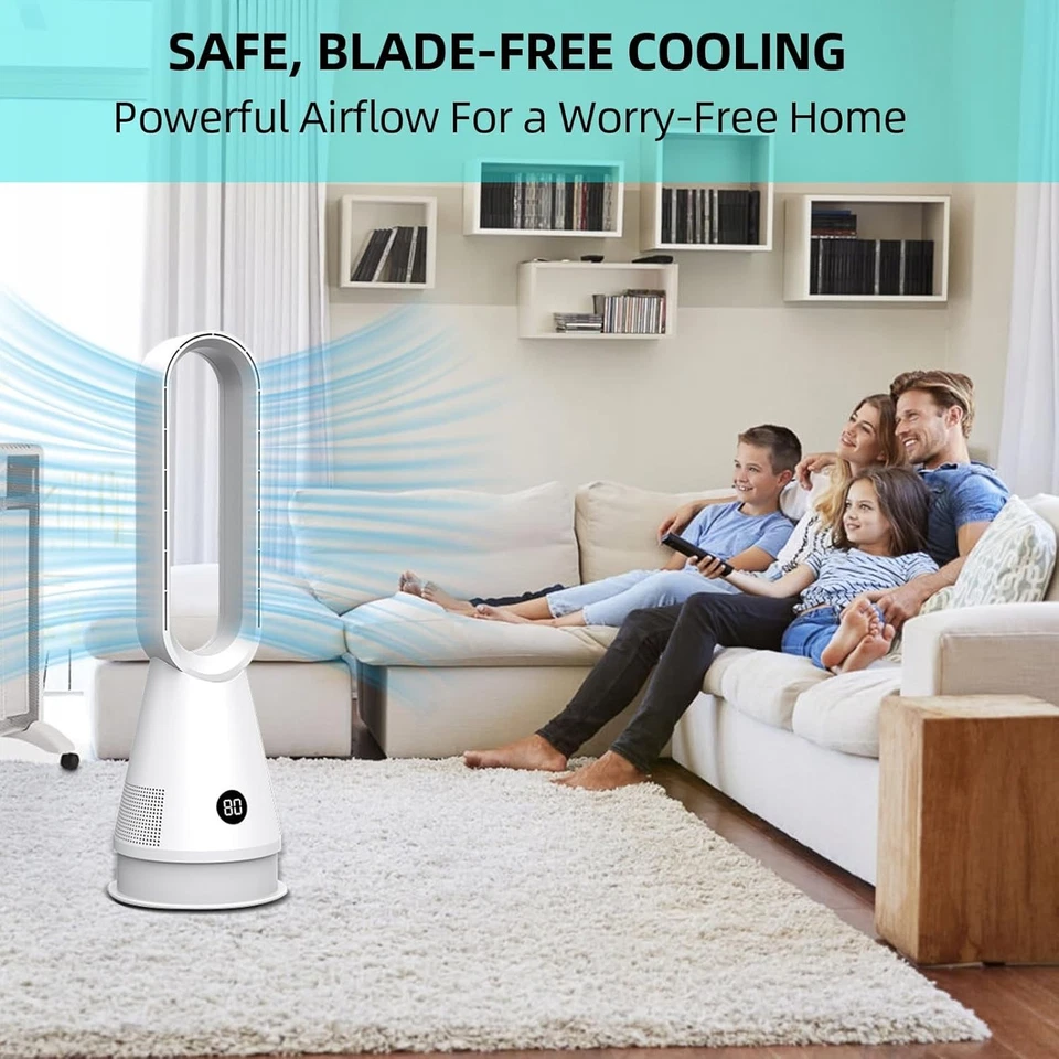 Blue Bladeless Tower Fan 8-Speed LED Display Quiet Cooling 9H Timer 32dB Modern - Image 2 of 4