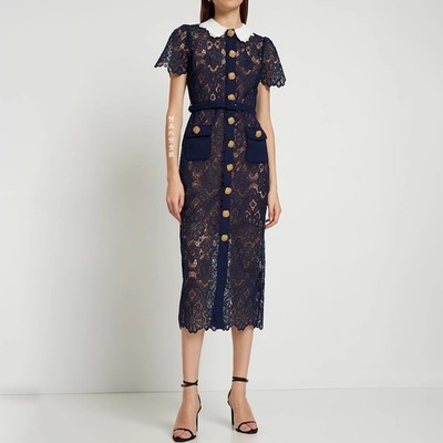 Self-Portrait Womens Spring Lace Hollow Metal Buckle Belt Slim Fit Long Dress