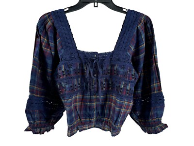 American Eagle Women's Plaid Lace Puff Sleeve Square Neck Crop Top Small NEW