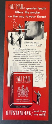 1949 Pall Mall Famous Cigarettes Outstanding Greater Length Vintage Print Ad