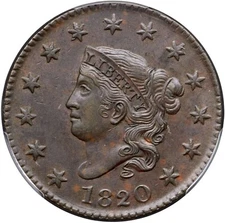 1820 N-11 R-2 PCGS AU 58 Matron or Coronet Head Large Cent Coin 1c