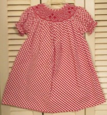 Strasburg Girls Smocked Red Gingham Bishop Dress 24 months Floral Embroidery