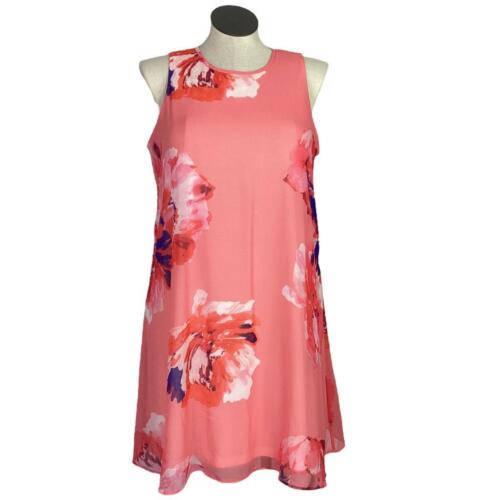 Calvin Klein Swing Dress Women 14 Orange Multi Floral Sleeveless Key Hole