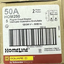 HOM250 Square D 50 Amp 240V 2 Pole Plug In Circuit Breaker Type HOM New Qty 1