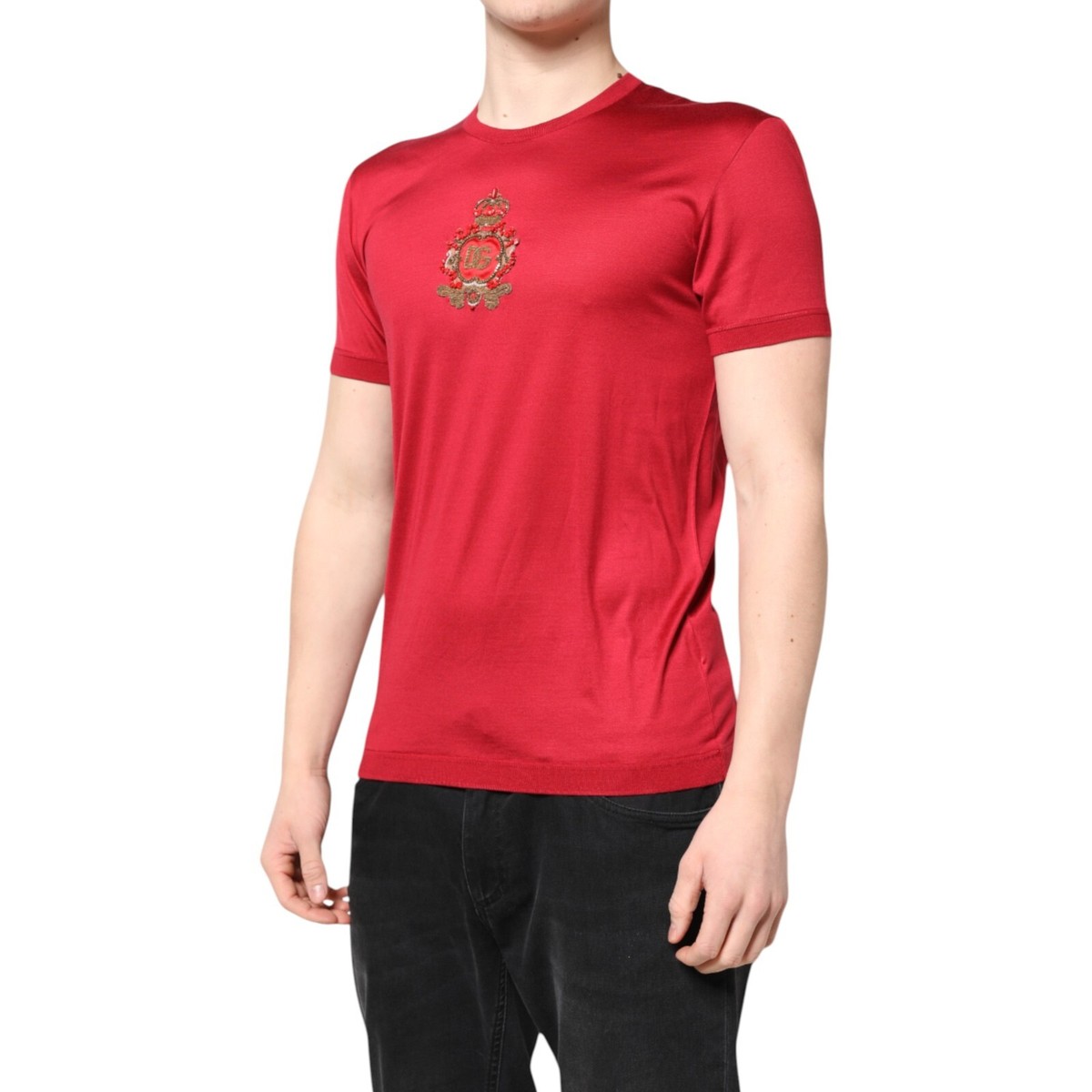 DOLCE & GABBANA T-shirt Red Silk DG Crown Logo Short Sleeve IT44