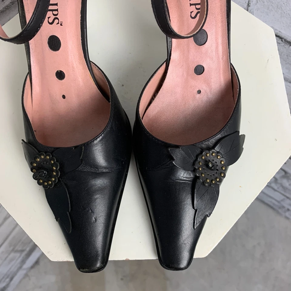 De Colección Cuero Negro Punta Tobillo Correa Bomba Retro Artístico Tacón Alto Bruja 6.5 Foto 4 de 4