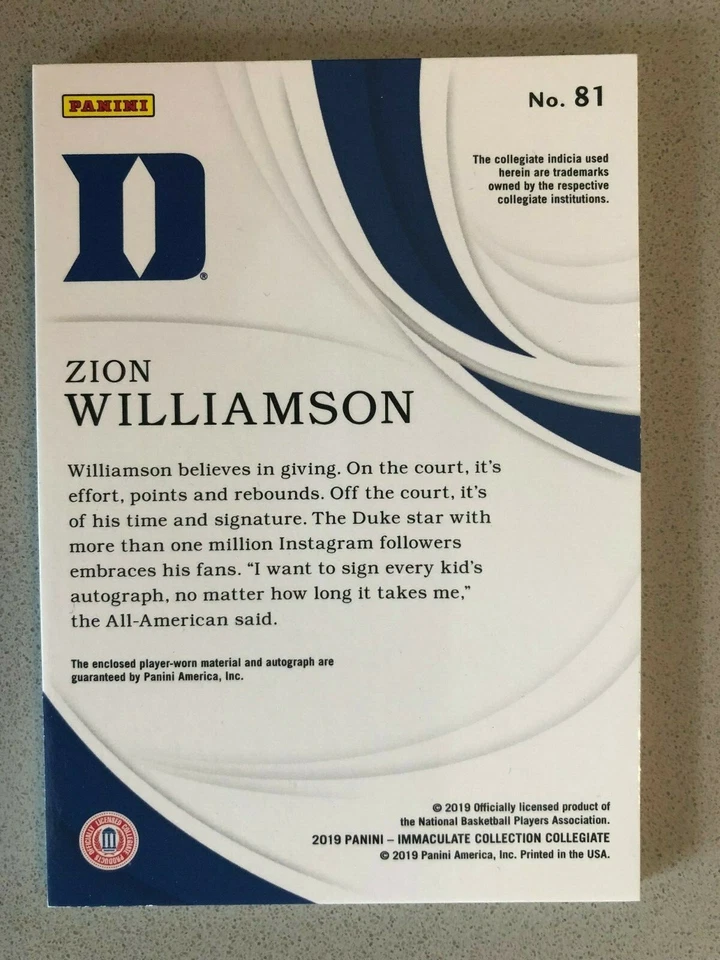 2019-20 Immaculate Collegiate ZION WILLIAMSON #81 ROOKIE PATCH AUTO /25 DUKE RPA - Image 4 of 4