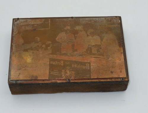 VINTAGE ANTIQUE COPPER PRINTING PLATE on WOOD "BUNDLES FOR BRITAIN"
