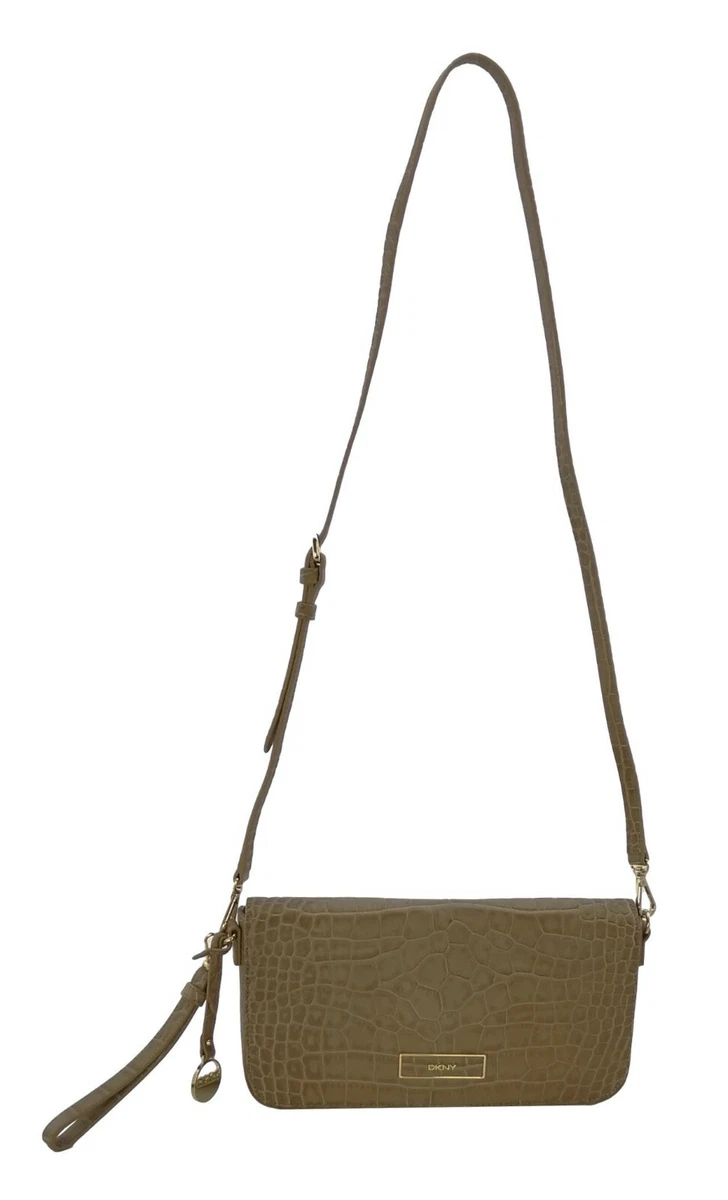 DKNY Tan Crossbody Shoulder Bag Camel Brown Leather Croc Embossed Womens Handbag