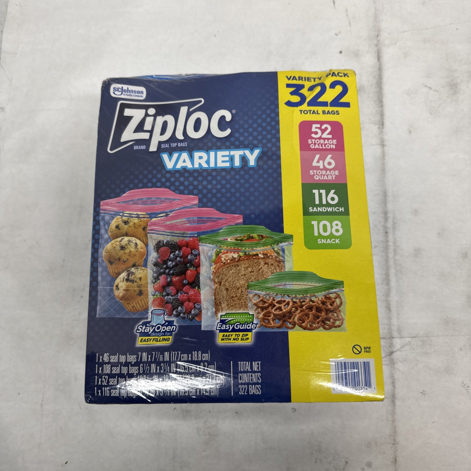 Ziploc Seal Top Bags Variety Pack Gallon Quart Sandwich Snack Sizes 322 Count