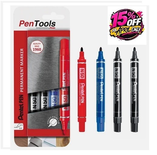 Pentel Pentools Permanent Markers 4.3mm Bullet Tip, Black, Red & Blue N50 (4 Pk)