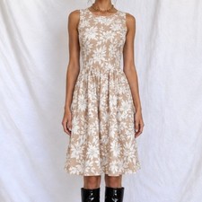 Vintage Y2K Beige White Floral Print Sleeveless Knit Knee Length Dress Size M