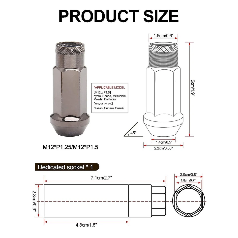 Black 20Pcs M12x1.5mm Extended Steel Open Ended wheel Lug Nuts For Toyota Honda - Изображение 3 из 4