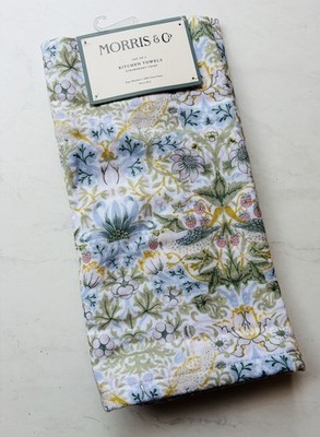 NWT Morris & Co. Strawberry Thief Kitchen Towels Blue & Green Set of 2