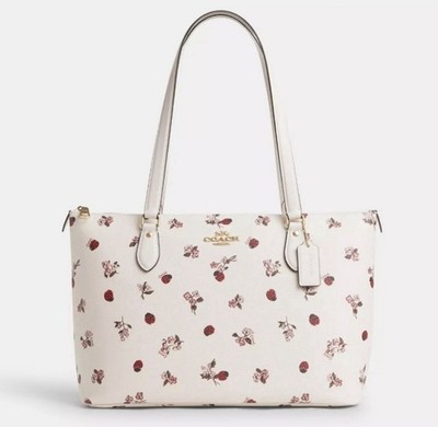NWT Coach Gallery Tote Bag With Ladybug Floral Print Gold/Chalk