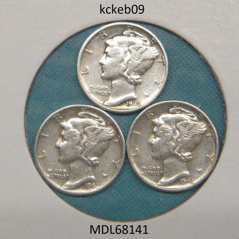 Mercury dime lot of 3, 1941-P, 1942-P, 1943-P.  90% silver coins
