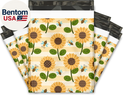 10X13 (100) Sunflowers and Bumble Bees Floral Summer Designer Poly Mailers Water