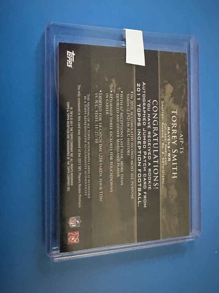 TORREY SMITH 2011 Topps Inception Patch Auto Rookie RC 141/150 4CLR Ravens - Image 2 of 2