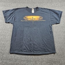 Savior Cross Jesus Graphic Tee Christian Fruit Of The Loom Shirt Mens XL Blue