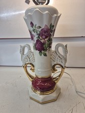 Vintage JENNY WORRALL Ruby Victorian Roses 25" Double Swan Handle Table Lamp EUC