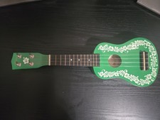 Mini Ukulele, New Strings, Green With White Hibiscus Flowers, 17 In. Tall