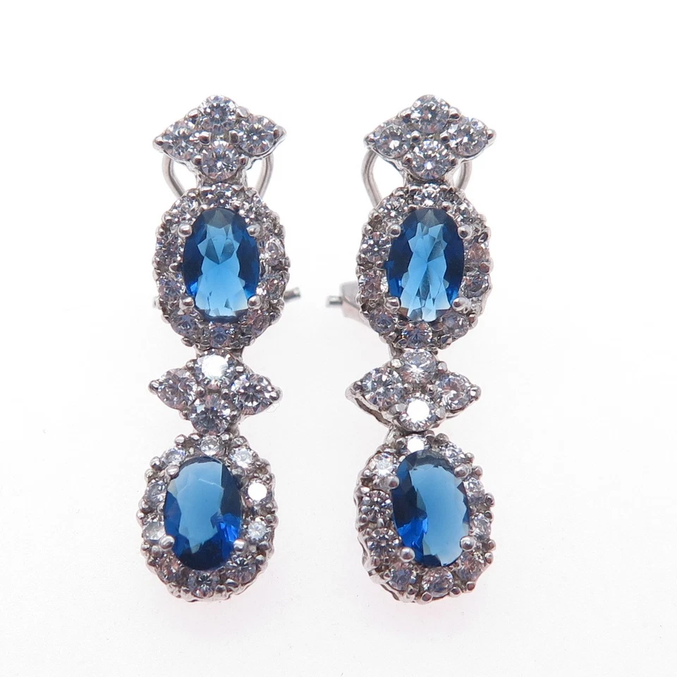 925 Sterling Silver Blue & White C Z Dangle Omega Back Earrings - Image 4 of 4