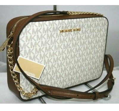 New Michael Kors Jet Set MK Signature Vanilla / Brown EW Crossbody Messenger Bag