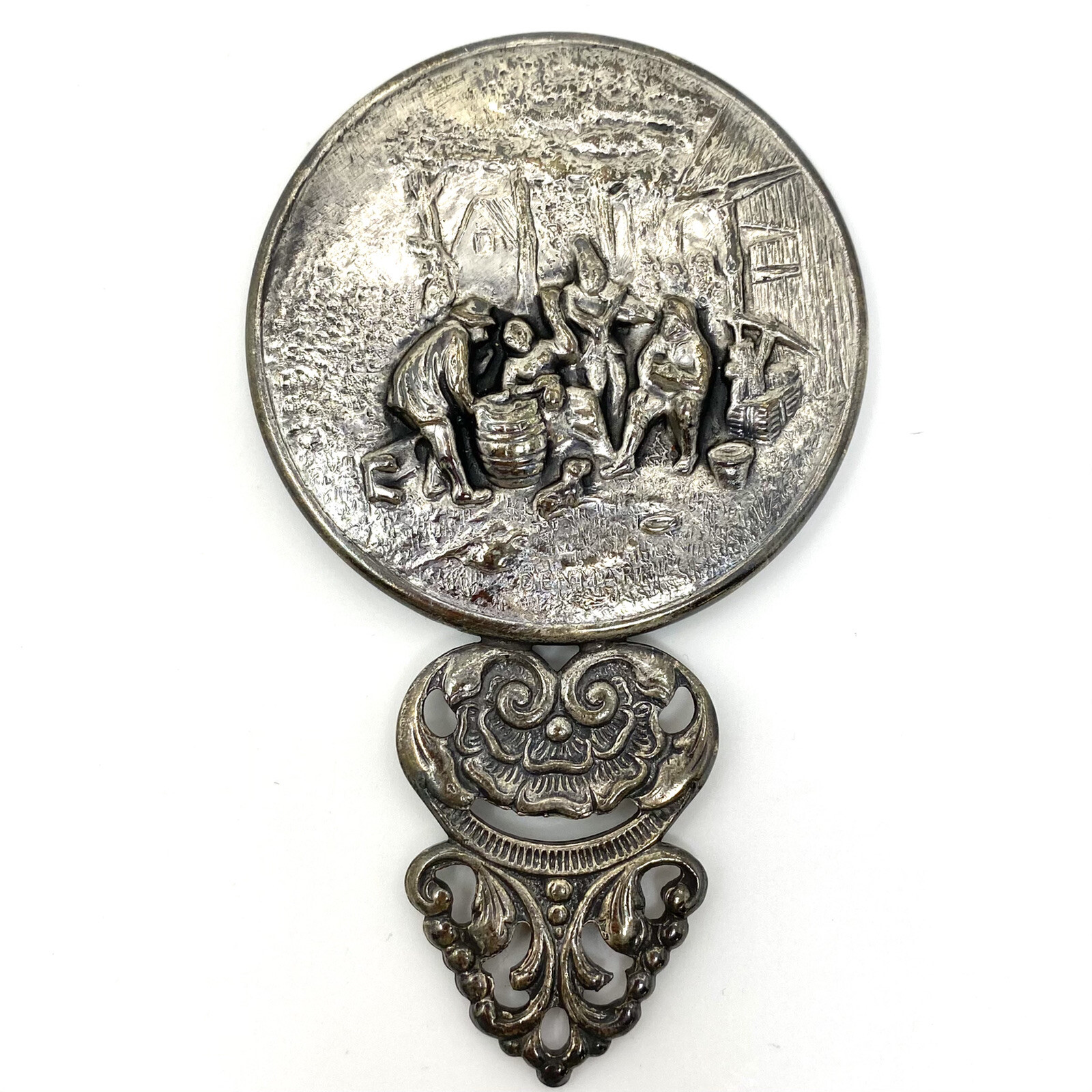 Vtg Danish DENMARK Vanity HAND MIRROR SILVER PLATE REPOUSSE DESIGN Hans Jensen