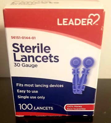 LEADER  Universal Twist Top 30 Gauge  Lancets  Box 100. NEW FACTORY SEALED