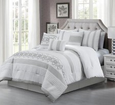 Luxury 7-Piece Chenille Geometric Embroidered Striped Comforter Set, Gray/White