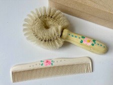 VTG Baby Brush Comb Set Hand Painted Pink Flowers Off White Orig Box Gift Card