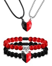 4Pcs Couples Bracelets Necklace Set for Women Men Matching Bracelets Red