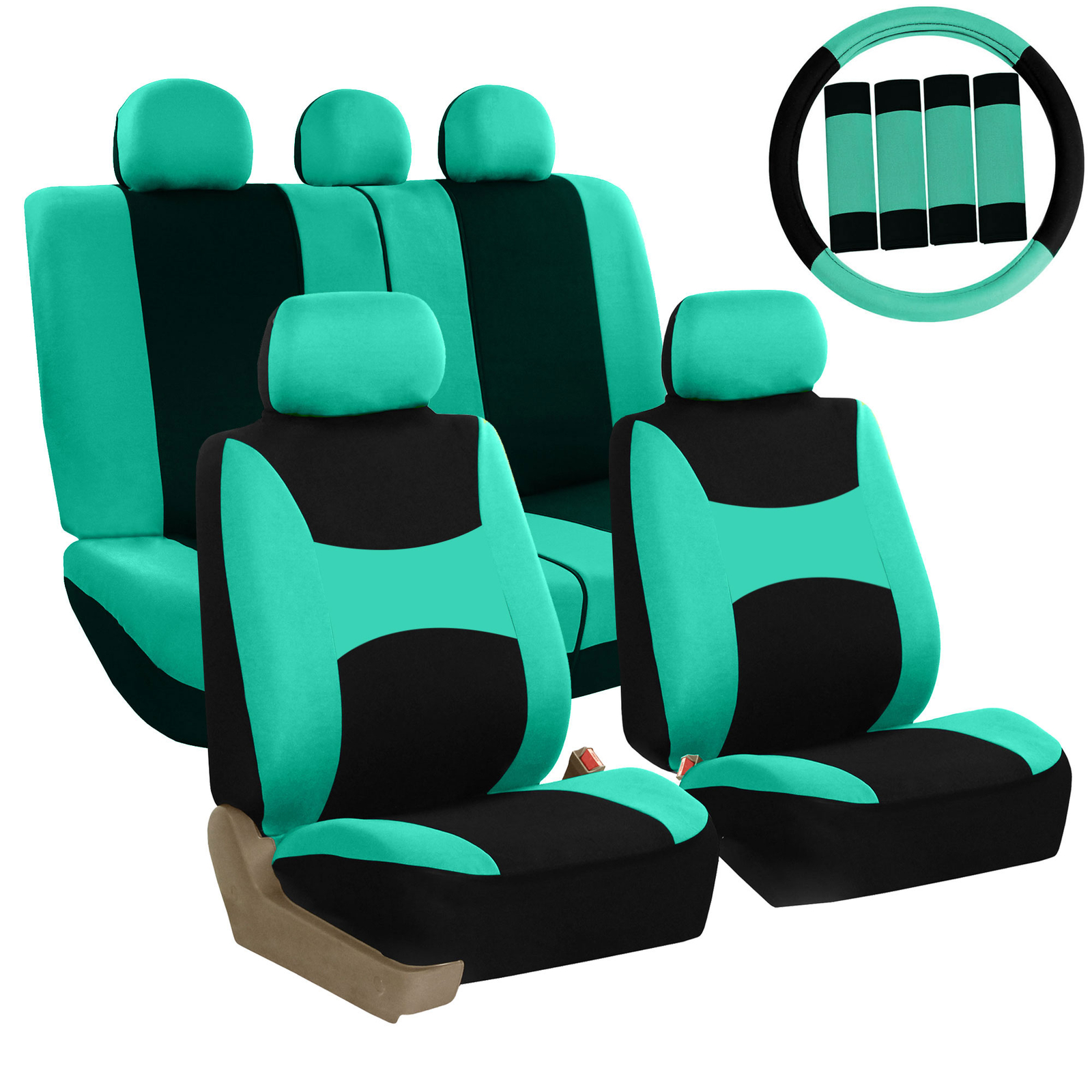 FH Group Auto Seat Covers For Car Truck SUV Van w/ Steering Cover Belt Pads Mint