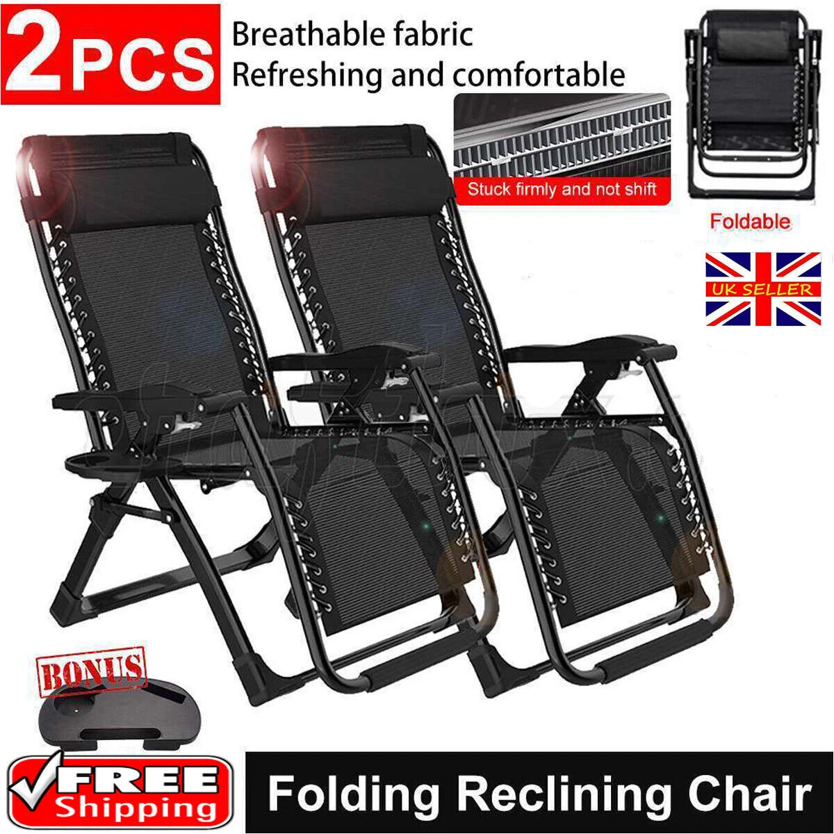 Set of 2 Zero Gravity Chairs Folding Reclining Sun Lounger Heavy