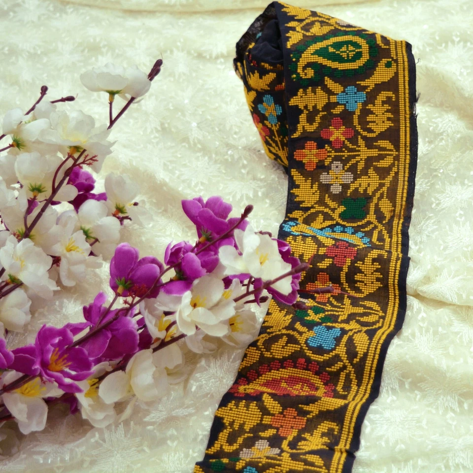 Vintage Preto Saree Borda Bordada à Mão Sari Borda Artesanato Indiano Acabamento Renda - Imagem 3 de 4