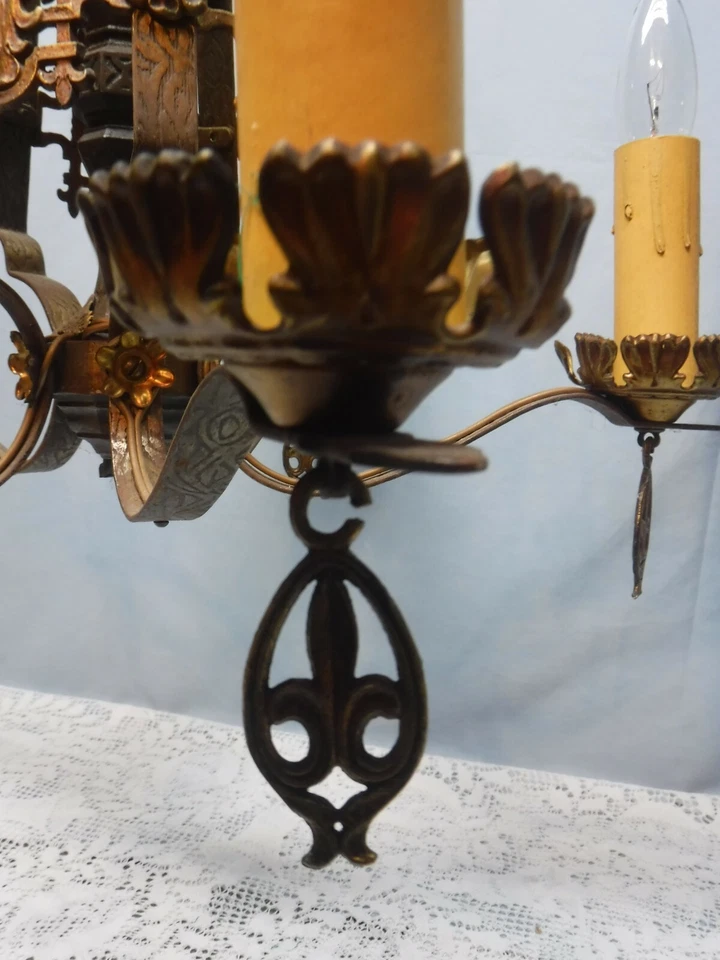 Antique Vintage Gothic Art Nouveau Spanish Rod Iron 5 Light Candle Chandelier - Image 3 of 4