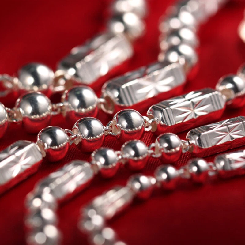 Collar de plata fina pura 999 para hombres y mujeres cadena de eslabones de cuentas largas talladas de 4 mm/7 mm/8 mm Foto 4 de 4
