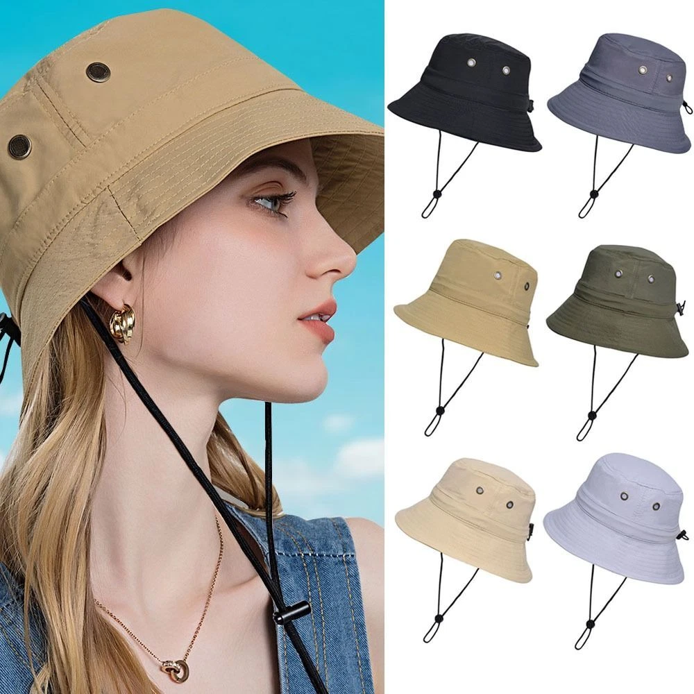 With Windproof Rope Wide Brim Sun Hat Bucket Hat Beach Cap Fisherman Cap