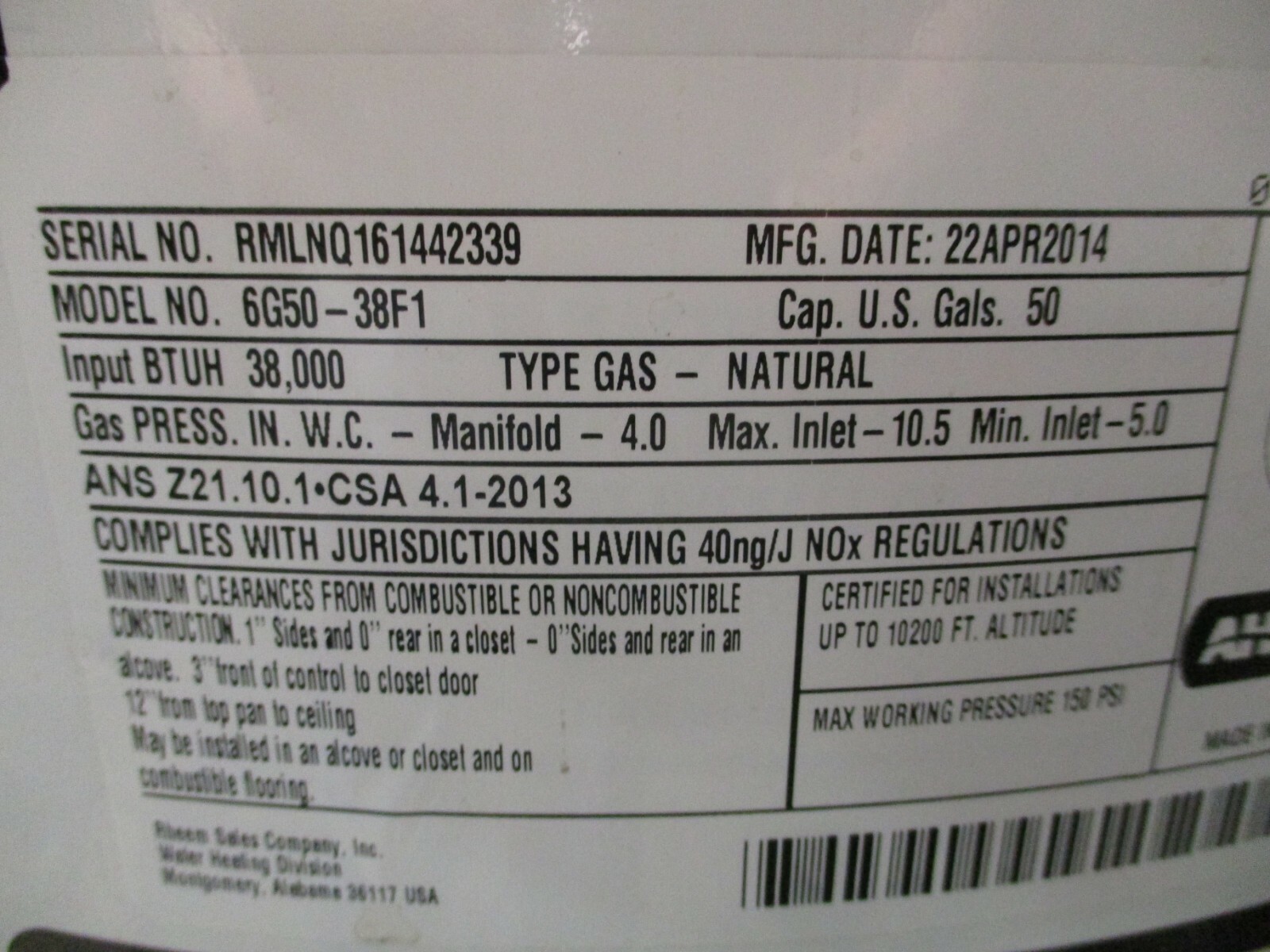 Richmond Natural Gas Water Heater 6G50-38F1 38,000BTU 50-Gallon Used | eBay
