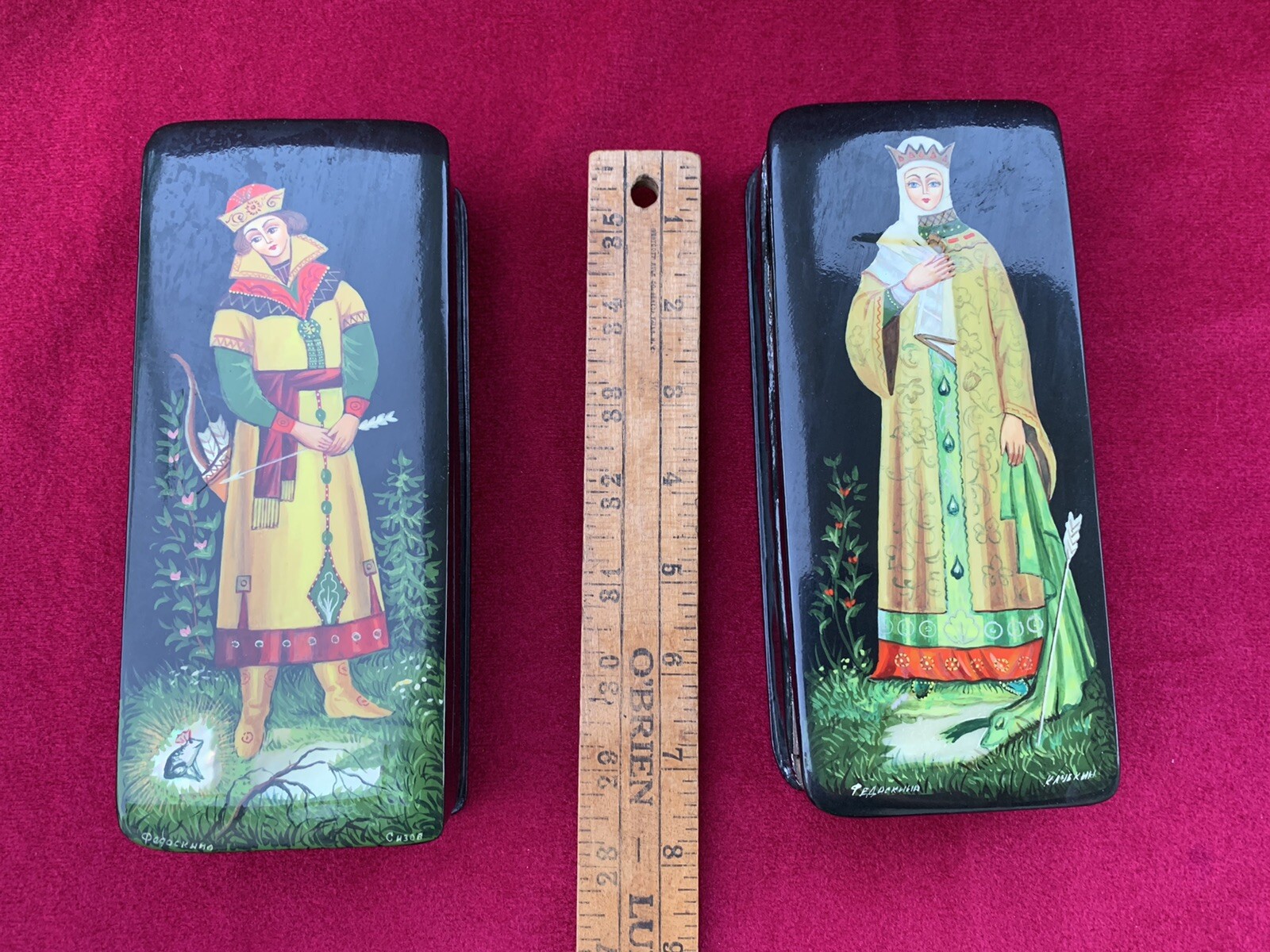 Pair Russian Lacquer Boxes, Hand Painted & Signed Frog Prince Ivan and