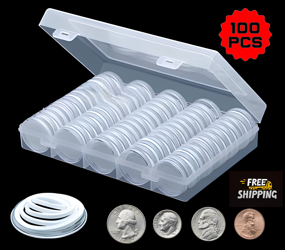 100 PCS 30mm Clear Round Coin Capsules Plastic Coin Holders & White Gaskets &Box