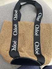 Chloé x Mifuko Woven Raffia Tote Bag Natural/Black Logo Straps Double Handles