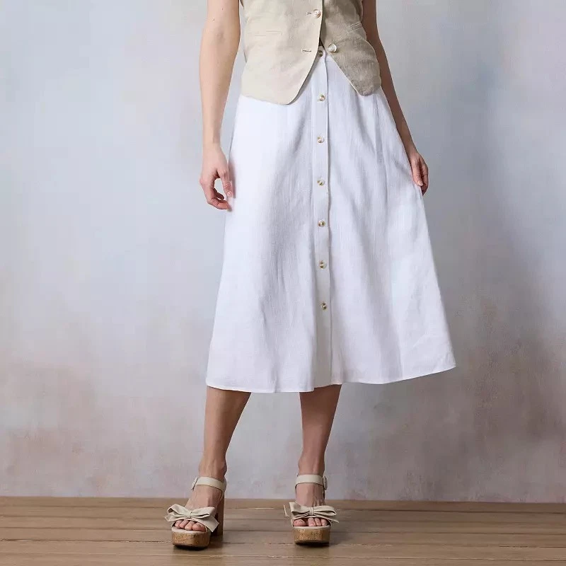 LC Lauren Conrad Button-Front MIDI Skirt Womens XXL White Linen Blend Lined NEW
