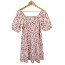 Universal Thread Women's Floral Pink White Puff Sleeve Smocked Peasant Dress M