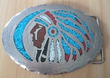 Native American Indian Chief With Turquoise And Curl Stone Inlay Belt Buckle
