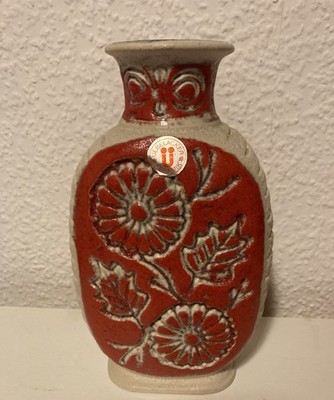 Retro Design Vase Uebelacker Keramik, 70er Jahre Mid-Century, Blumen-Relief