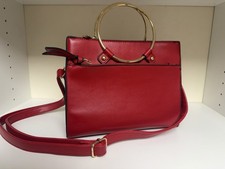Red Faux Leather Crossbody Satchel Handbag Gold O Ring Handle Top Zipper Purse
